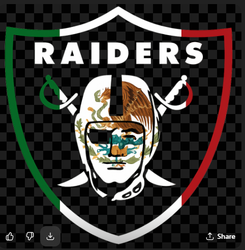Oakland Raiders logo with a stylized face on a shield with green, white, and red accents.